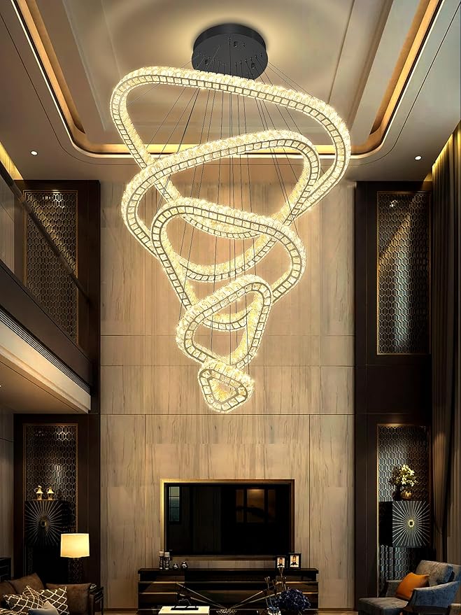 Flashing God H118 Modern Large Chandelier for Foyer 5 Rings Crystal Chandelier Stairway Chandeliers LED Dimmable Crystal Pendant Light for Living Room Entrance Hallway Black