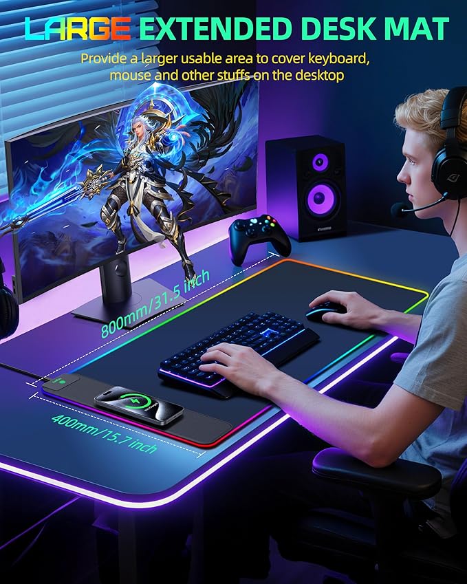 Mouse Pad with Wireless Charging, RGB Gaming Desk Mat, Large XXL Desk Pad, 15 Lighting Modes, Ultra-Smooth Surface, Non-Slip Mouse Mat, Waterproof Computer Keyboard Pad for Gamer, 800x400x4MM, Black