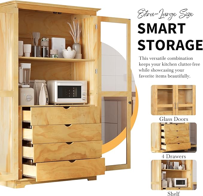 Kitchen Pantry Cabinet 44.7Wx20Dx75H inch, Freestanding Storage Display Cabinets with Glass Doors and 4 Built-in Drawers for Living Room, Home Office,Natural
