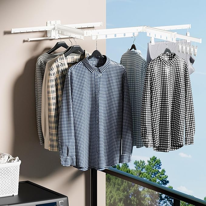 Clothes Drying Rack,2025 New Upgraded Laundry Drying Rack, Sturdy Wall Mounted Clothes Rack,with Additional 4 Branches and 20 Clips,Collapsible,Retractable,Ideal for Patio,Laundry,Bathroom
