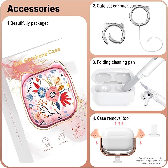 RFUNGUANGO AirPods Pro Case for Women Girly Cat Case with Lock, Phone Stand, Keychain & Cleaner Kit, Compatible with Apple Airpods Pro 2nd/1st Generation Case Cover, Transparent Gold