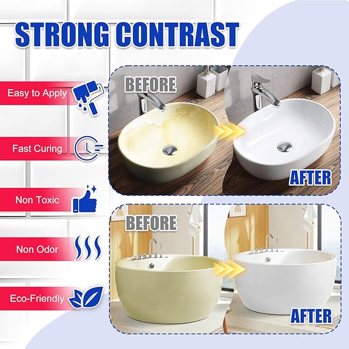 Tub and Tile Refinishing Kit - 35oz Semi-Gloss White Tile Paint with Tools for Bathtub Sink Countertop for Bathroom Kitchen, Bathtub Paint for Ceramic, Porcelain Fiberglass, Low Odor, 50-60 sq.ft