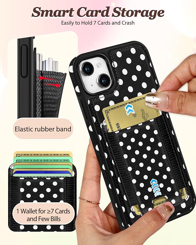 Shorogyt for iPhone 14 Plus Wallet Case - Fits 5 Cards, Compatible with Magsafe Detachable Magnetic Credit Card Holder Leather Cardholder Cute Phone Cover Women Girls for Apple 14Plus, Polka Dots