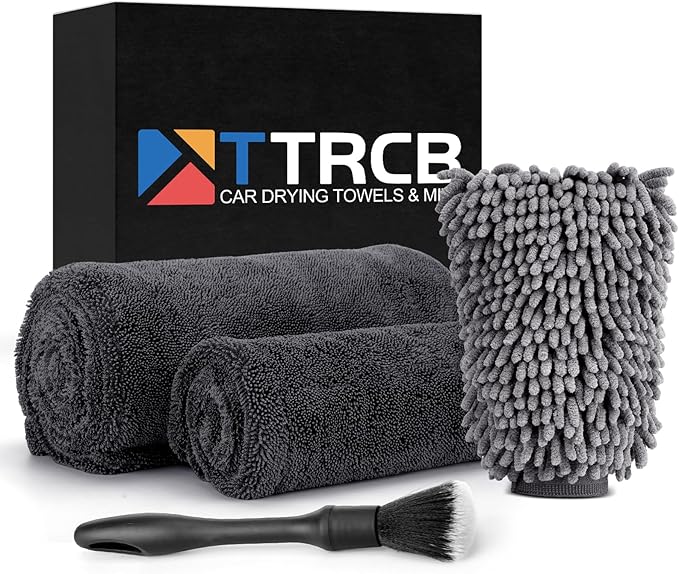 TTRCB 2 Pack 1300 GSM Car Drying Towel, Microfiber Towels for Cars - 36" x 24" & 16" x 16", Ultra-Absorbent, Streak Free, Premium Double Twisted-Loop Microfiber Cleaning Cloth with Car Wash Mitt