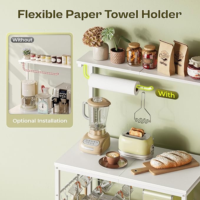 Huuger 4-Tier Bakers Rack with Reversible Power Outlet, 23.6 Inch Microwave Stand with Paper Towel Holder, Kitchen Bar, Larger Storage with Top Shelf, 6 S Hooks, White