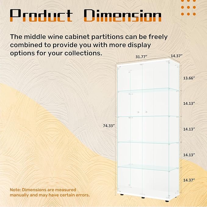 LFT HUIMEI2Y Glass Display Cabinet 5-Shelf with 2 Doors and Lock, Curio Cabinets Upgraded Quick-Install Style Tempered Glass Floor Standing Bookshelf for Living Room, Bedroom, Kitchen White