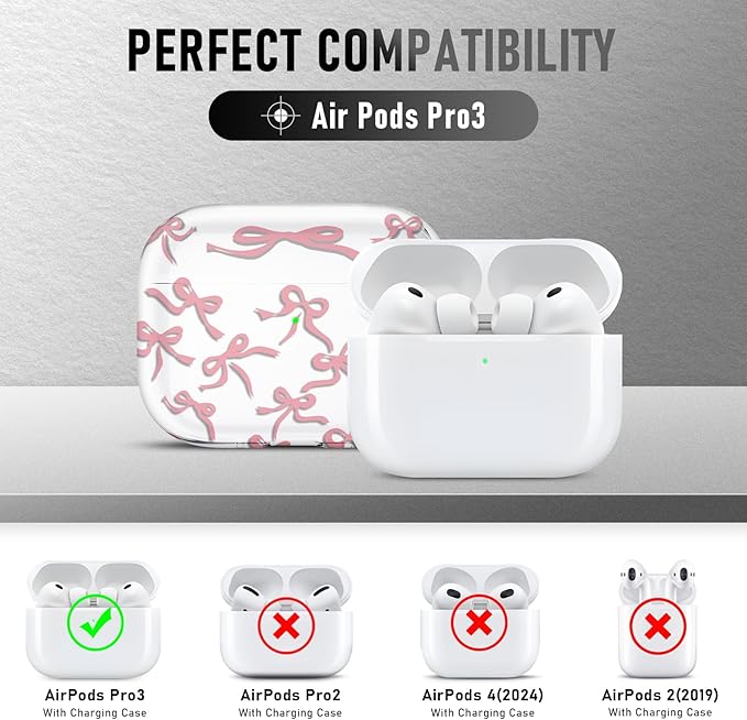 for AirPods Pro 3 Case (2025) with Cleaner Kit, Cute Soft Silicone Cover Compatible AirPods Pro 3rd Genera case with Keychain for Women Men with Keychain for Airpod Pro case(2025) Pink Bow