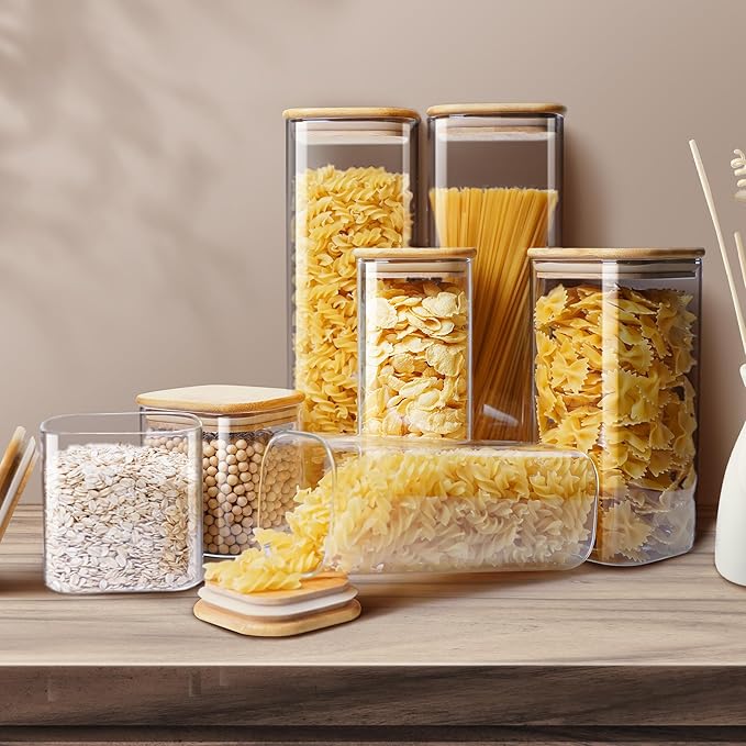 Square Glass Jars with Bamboo Lids 79 FL OZ [Set of 3], Glass Canisters with Airtight Lid, Glass Food Storage Containers for Spaghetti, Fettuccine, Linguine,Pasta, Best for Kitchen & Pantry