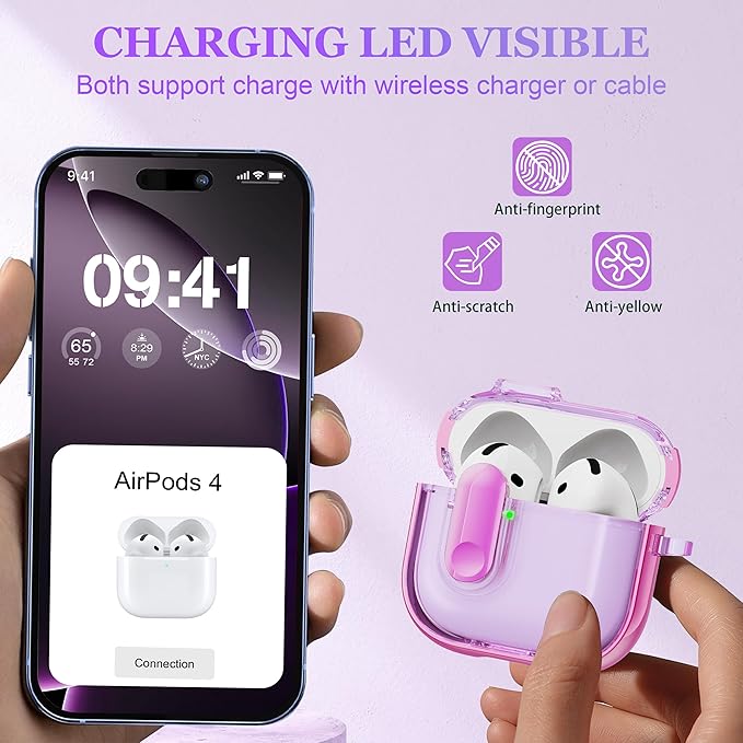 for AirPods 4th Generation Case 2024 with Bright Plated Bezel and Switches, Military-Grade Shockproof Transparent Anti-Yellowing for AirPods 4 Cover, Purple