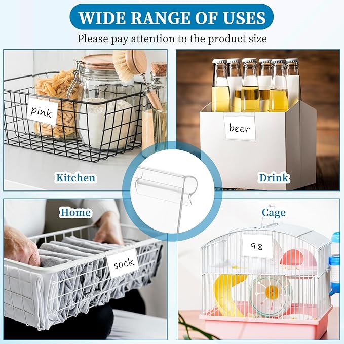 200 Pcs Reusable Plastic Wire Shelf Label Holder, Basket Bin Clip On for Pantry Retail Merchandise Shopping Mall Store Shop Supermarket and Ticket Display Holder, Clip-On Design, 2.4 x 1.7 in