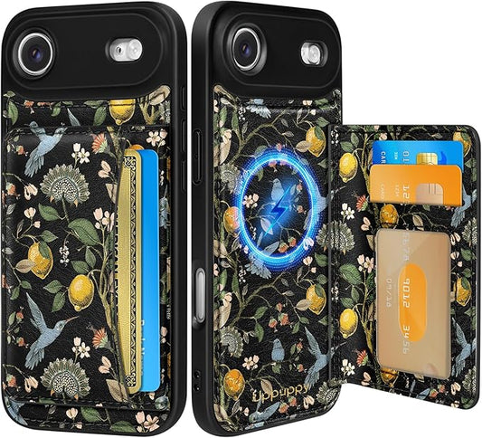 for iPhone 17 Air Case with Wallet - Fits 4 Card Slots, Compatible with MagSafe for Women Aesthetic Durable PU Leather Credit Card Holder Kickstand Phone Cover for Apple 17 Air, Lemon Bird