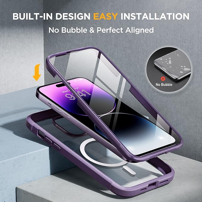 Miracase Magnetic for iPhone 14 Pro Max Case 6.7 inch, (Compatible with MagSafe) Upgrade Full-Body Clear Phone Bumper Case with Built-in 9H Tempered Glass Screen Protector, Magnetic Purple