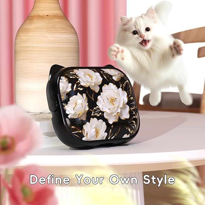 for AirPods Pro 2 Case with Cleaning Kit, Cute Cat Ear Print Design & Cute Buckle for Girls, Phone Holder & Top Safe Lock Buckle Design for AirPods Pro 2nd/1st Gen case, Black Peony