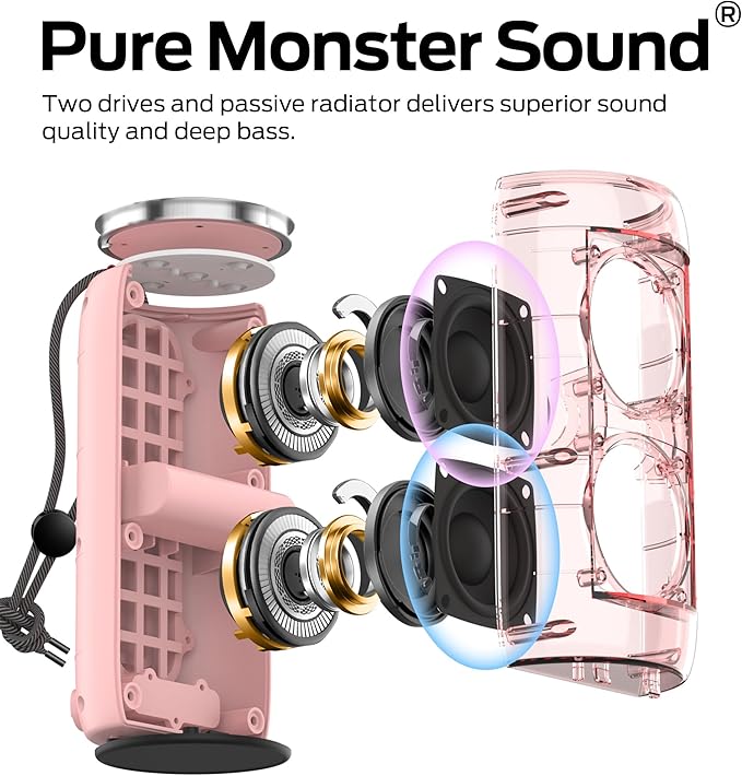 Monster S310 Upgraded Bluetooth Speaker, Portable Bluetooth Speaker, 30W True Wireless Stereo Pairing Deliver Dynamic Sound, IPX6 Waterproof, 24H, for Family Outdoor Pink