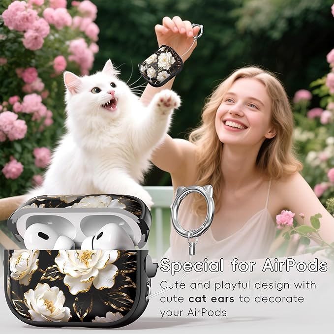 for AirPods Pro 2 Case with Cleaning Kit, Cute Cat Ear Print Design & Cute Buckle for Girls, Phone Holder & Top Safe Lock Buckle Design for AirPods Pro 2nd/1st Gen case, Black Peony