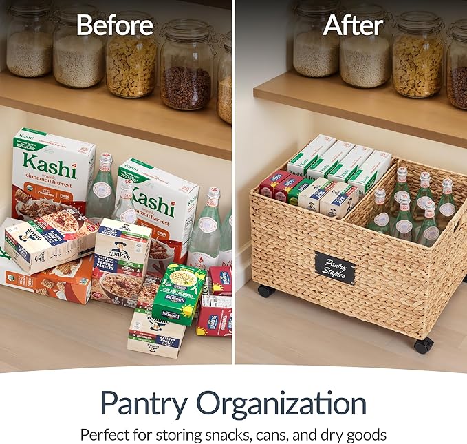 Best Choice Products Rolling Pantry Storage Basket Organizer W/Chalkboard Label, Open Handles, Removable Divider, Water Hyacinth Bin for Kitchen, Bedroom, Office, Kids' Room, Laundry Room - Natural