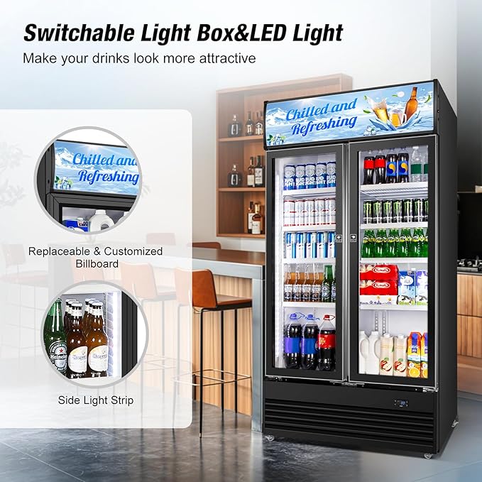 Commercial Beverage Refrigerator, 40 Inch 35 Cu.Ft. Commercial Drink Fridge, Display Refrigerator with Double Glass Door, Commercial Display Fridge with 8 Adjustable Shelves, for Shop,Restaurant,Bar