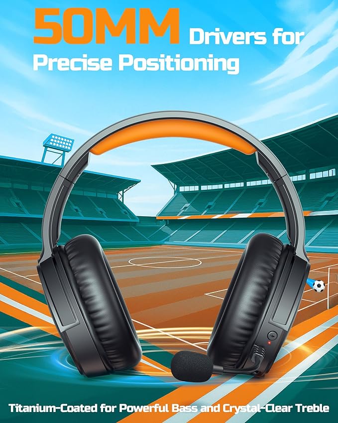 BINNUNE Wireless Gaming Headset — 2.4GHz Low-Latency USB Dongle + Bluetooth, 50mm Drivers 7.1 Surround, Noise-Cancelling Mic, 40H Battery — Over Ear Wireless Headphones for PS5, PC, Laptop, Orange
