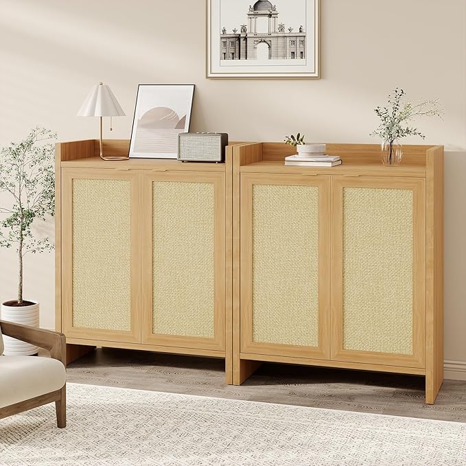 Garvee Rattan Shoe Cabinet for Entryway, Wooden Shoe Rack Freestanding Storage Cabinet with Adjustable Shelves for Living Room Hallway, Dark Oak