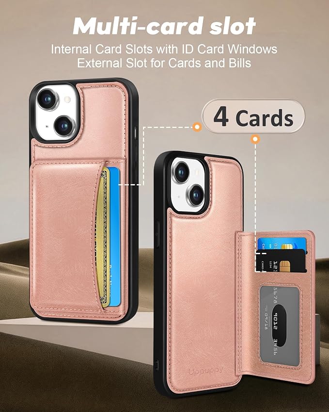for iPhone 15 Case with Wallet - Fits 4 Card Slots, Compatible with MagSafe for Women Aesthetic Durable PU Leather Credit Card Holder Kickstand Phone Cover for Apple 15, Rose Gold
