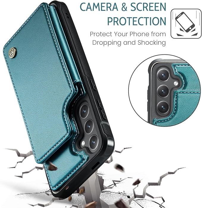 Bemal for Samsung Galaxy S25 Wallet Case with Card Holder, RFID Blocking, Shockproof Leather Kickstand for Men and Women, Durable Protective Phone Cover for 6.2", Bluish Green