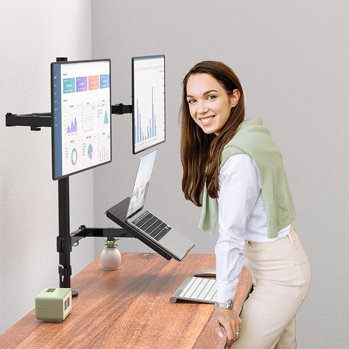 WALI Dual Monitor Stand, Laptop and Monitor Stand for 2 Screen 1 Laptop Notebook, Extra Tall Desk Mount for Monitor up to 27 inch, Notebook up to 17 inch (M002XLLP), Black
