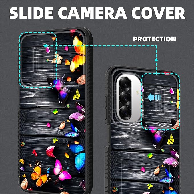 for Galaxy A26 5G Case Built in Slide Camera Lens Cover,Heavy Duty Shockproof Protection Dual Layer Case for Samsung Galaxy A26 5G 6.7" 2025,Colorful Butterflies on Wooden