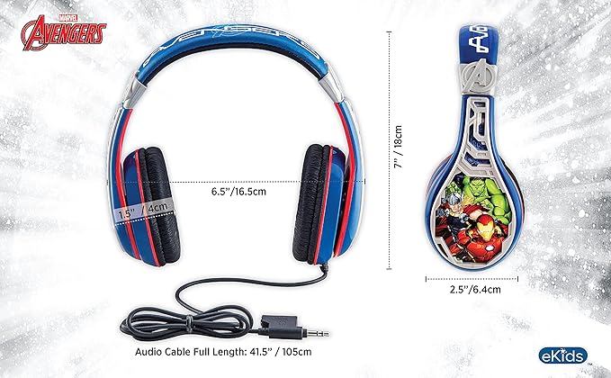 eKids Avengers Headphones for Kids, Wired Headphones for School, Home or Travel, Tangle Free Stereo Earphones with Volume Control, 3.5mm Jack, For Fans of Avengers Merchandise