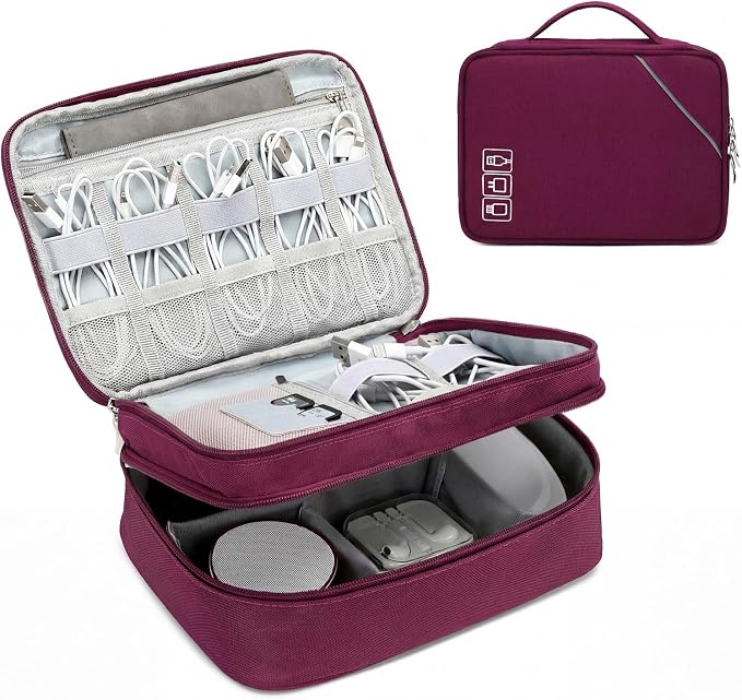 Lanola Electronic Organizer Travel Double Layer Cable Organizer Bag,Accessory Bag for Hard Drives,Cables,USB,SD Card,Memory Cards,Flash Drive,etc. - Red