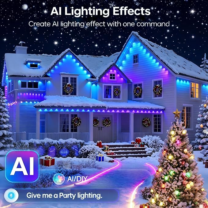 Permanent Outdoor Christmas Lights for House,100ft Smart RGB+IC Color Eave Lights,Tunable Warm to Cool White 60lm for Daily Lighting,IP67 Waterproof, Alexa Google APP Remote Control
