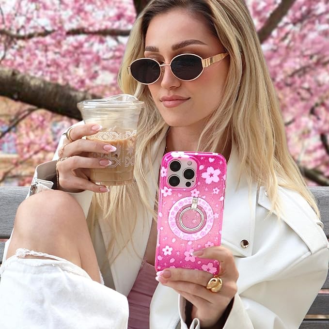 VELVET CAVIAR Compatible with MagSafe Phone Grip - Magnetic Ring Holder with Adjustable Stand - Removable MagSafe Accessories for iPhone 16, 15, 14, 13, 12 (Pink Cherry Blossom)