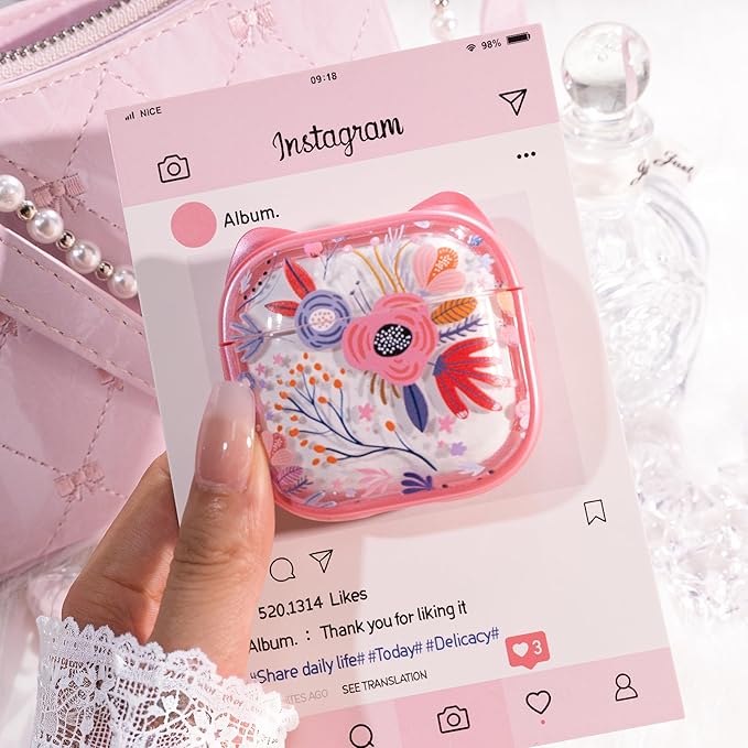 for AirPods 4 Case with Cleaning Kit, Cute Cat Ear Print Design & Cute Buckle, Inverted Phone Holder Design, Top Safe Lock Buckle Design, for Girls AirPods 4 case 2024,Clear Flowers