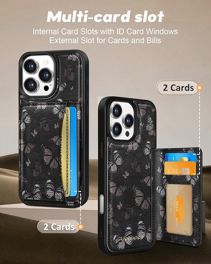 for iPhone 15 Pro Max Case with Wallet - Fits 4 Card Slots, Compatible with MagSafe for Women Aesthetic PU Leather Credit Card Holder Kickstand Phone Cover for Apple 15 Promax, Black Butterfly