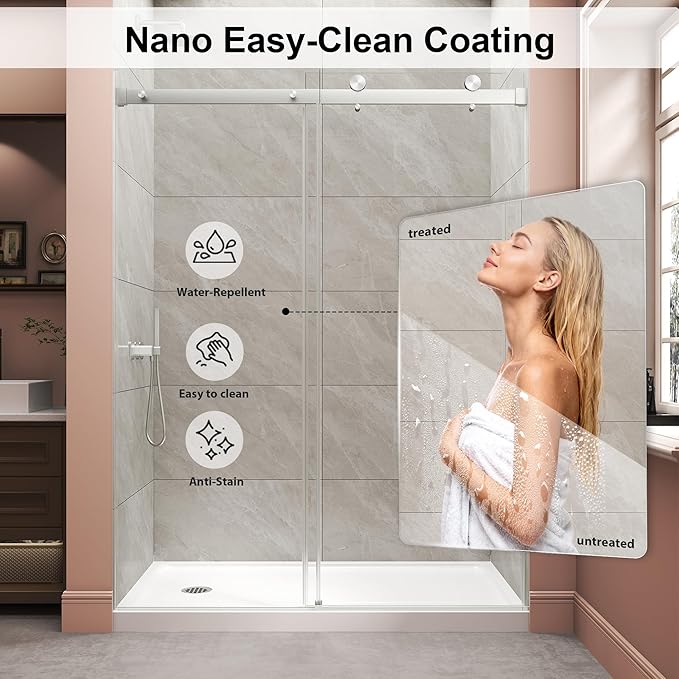 Frameless Shower Door,Single Sliding Glass Shower Door with Nano Coating & Safety Film, Adjustable 43"-48" W x 72" H, Brushed Nickel,1/4" (6mm) SGCC Tempered Glass