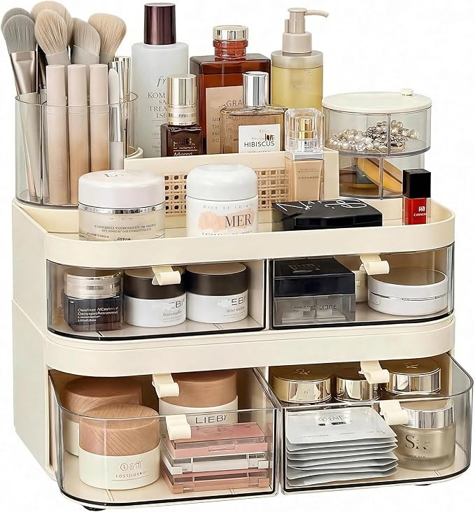 Large Rotating Makeup Organizer with Drawers, 3 Tier Skincare Storage Tower for Vanity, Bathroom Countertop Cosmetic Display Case with Brush Holder & Handle