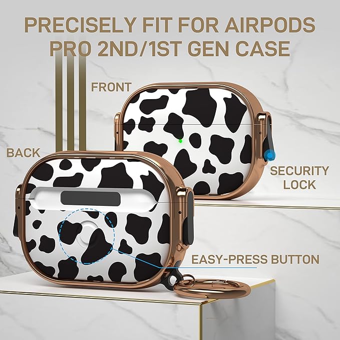 Maxjoy for AirPods Pro 2nd/1st Generation Case with Lock, Cute AirPods Pro 2 Case Lock Protective Hard AirPod Pro Cover for Women Men with Keychain for Airpod Pro (2023/2022/2019), Cow Print