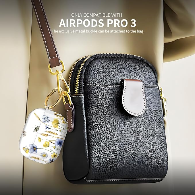 Compatible with AirPod Pro 3 (2025),Cute Case Cover for Women & Men, Full Protection Shockproof Hard Case with Keychain, Wireless Charging Case Accessories(Wildflowers Butterflies)