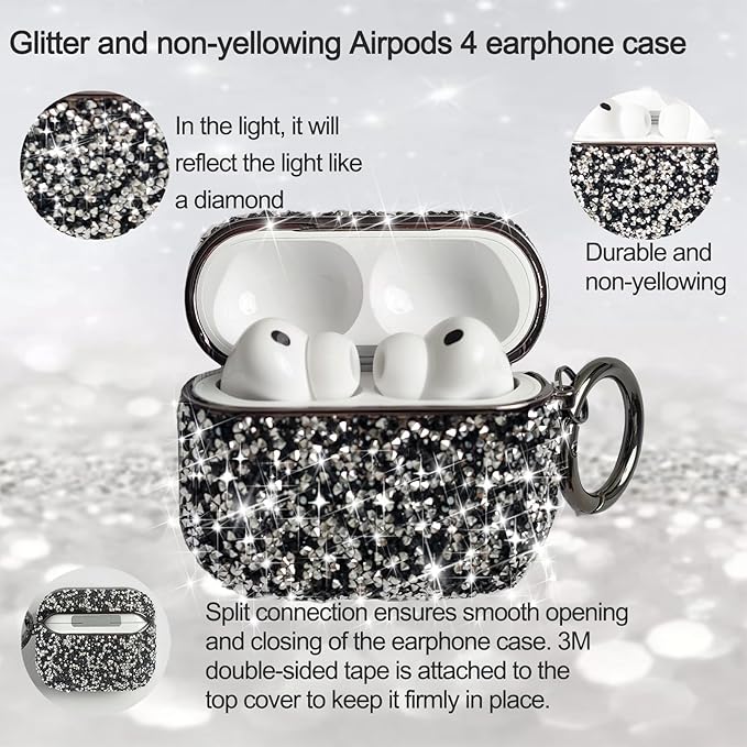 for Cute Glitter AirPods 4 Case for Women| Bling Hard Airpod iPods 4 Cases | with Keychain | Sparkly Rhinestone Air Pods 4 Generation Case for Women Girl- Model A3058/A3059(Blackwhite)