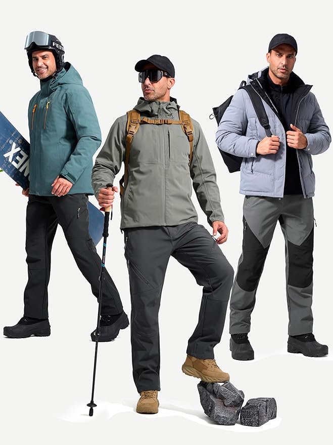 FREE SOLDIER Men's Fleece Lined Outdoor Cargo Hiking Pants Water Repellent Softshell Snow Ski Pants with Zipper Pockets