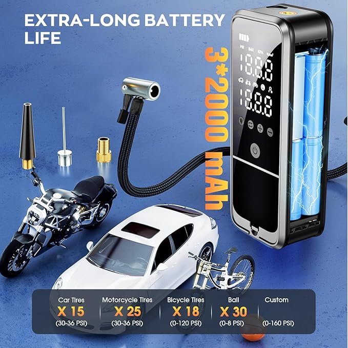 Tire Inflator Portable Air Compressor, Portable Air Pump with Tire Gauge Pressure & LED Light Air Pump for Car Tires Portable Tire Inflator for Car Cordless Bike Pump for Car (Black)