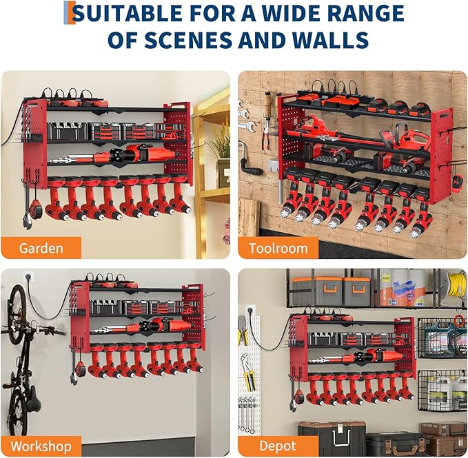 Power Tool Organizer, Drill Holder Wall Mount with Charging Station, Heavy Duty 4-Layer Garage Rack Metal Loads 400Lbs, 8 Drill Storage Shelf with Hooks, Drill Bit Shelf Battery Storage for Garage