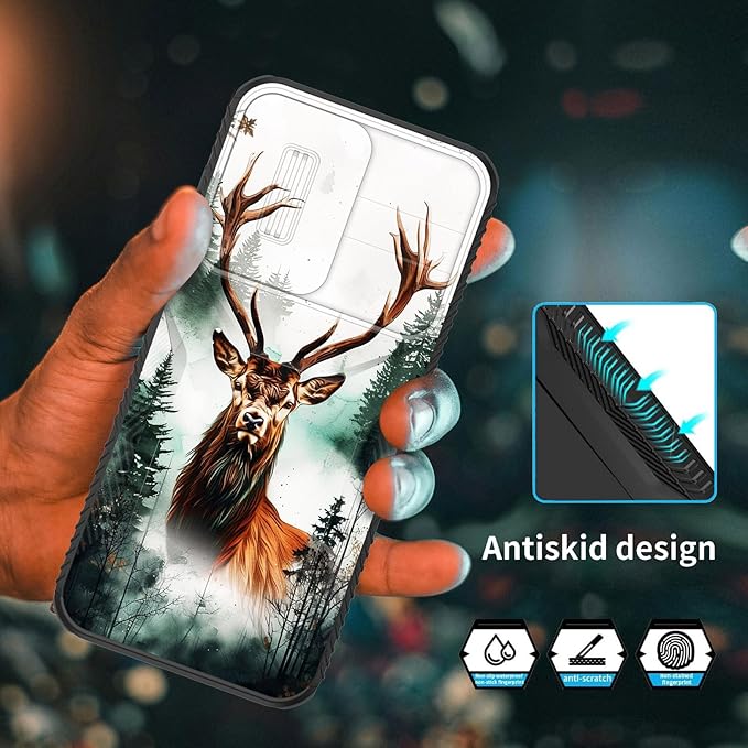for Galaxy A15 5G Case Built in Slide Camera Lens Cover,Heavy Duty Shockproof Protection Dual Layer Case for Samsung Galaxy A15 5G 6.5 inch 2024,Forest Deer