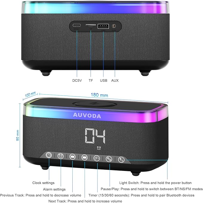 S300 10W Stereo Bluetooth Speaker with 15W Fast Wireless Charging, 13-Color Night Light, Alarm, White Noise, FM Radio, Portable, TWS, BT5.3, for PC, Smartphone, Home, Office & Bedroom (Black)