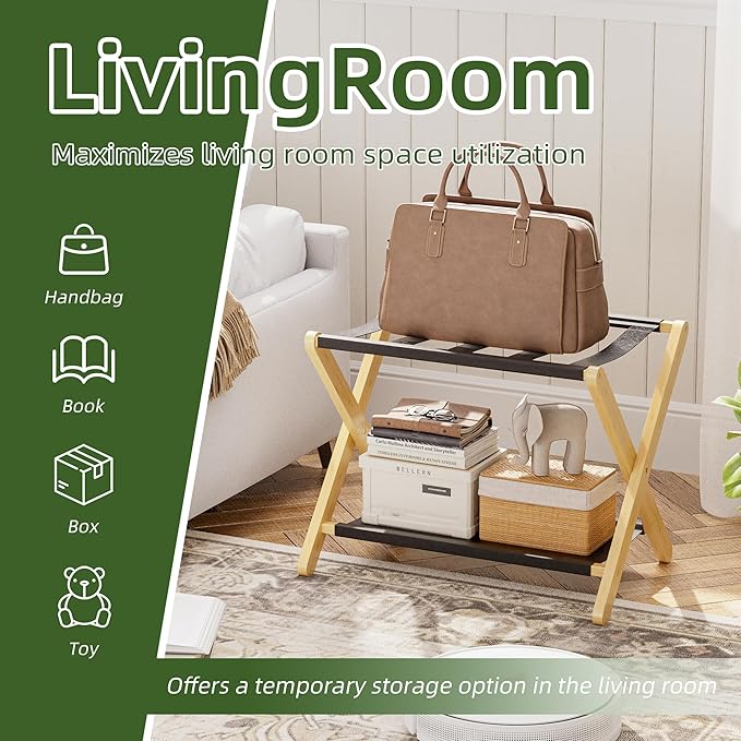 Luggage Rack, Set of 2, Folding Suitcase Stand with Storage Shelf, Premium Bamboo Luggage Holder for Guest Room, Bedroom, Hotel, Closet, Holds up to 135 lb (Natural)