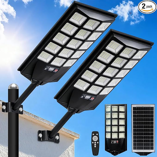 Jercoda Solar Street Lights Outdoor 2 Pack, 6500K LED Flood Lights with Motion Sensor, Dusk to Dawn Security Lights with Remote Control, Waterproof Solar Powered Lighting for Garden Yard Parking Lot