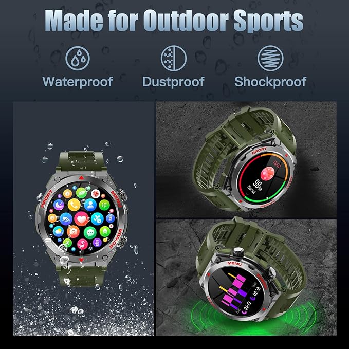 Military Smart Watch, 1.52-Inch Smartwatch with Text and Call, Heart Rate, Blood Oxygen, and Activity Trackers - Compatible with iPhone and Android, for Men and Women (Classic, Green)
