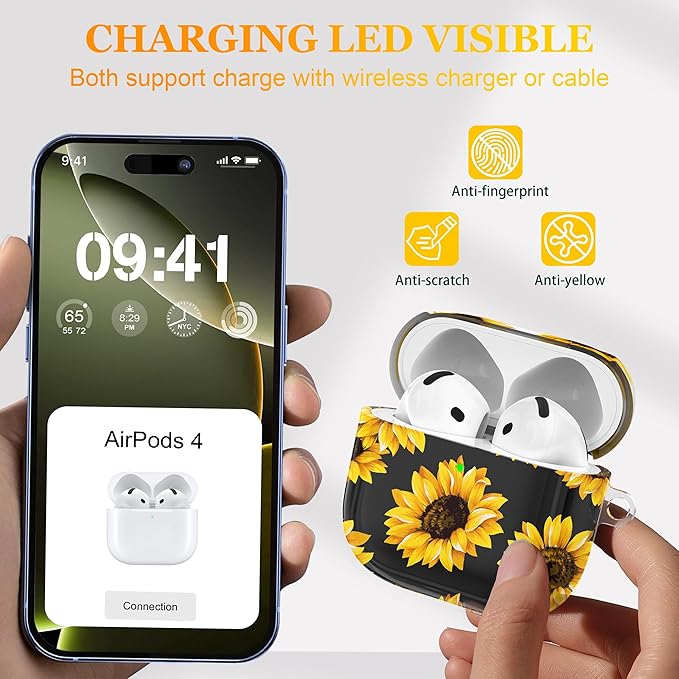 for AirPods 4th Generation Case Cover 2024, Military-Grade Shockproof, Soft TPU Highly Transparent Anti-Yellowing for AirPods 4 Case with Cleaning Kit & Cute Round Buckle, Black chrysanthemum