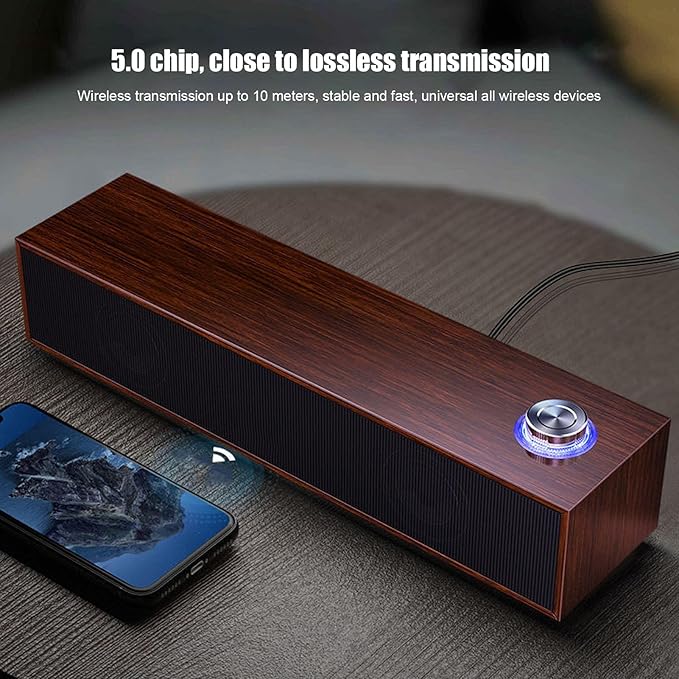 Wood Computer Speakers for Desktop, Mini Sound Bar Speaker with Stereo Sound, USB Powered Small PC Speakers, with Volume Knob, 3.5mm AUX Plug & , Plug and Play