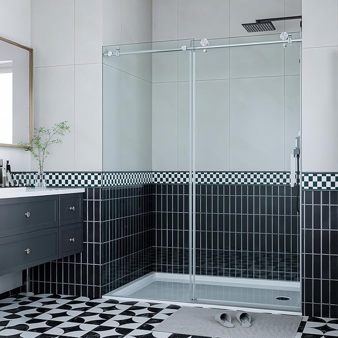 Sliding Shower Door 44–48 inch W× 76 inch H, Frameless Glass Shower Door with Round Stainless Steel Rail and 55mm Rollers, 6mm Tempered Glass, Space-Saving Shower Doors for Small Bathrooms