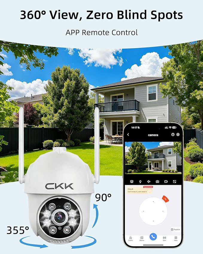 CKK 2K Security Cameras Outdoor 2Pack, 2.4G/5G Wireless Home Security Cameras, 360 PTZ, PIR Motion Detection, Color Night Vision, 2-Way Talk, Waterproof, Audible & Floodlight Alarm, Works with Alexa